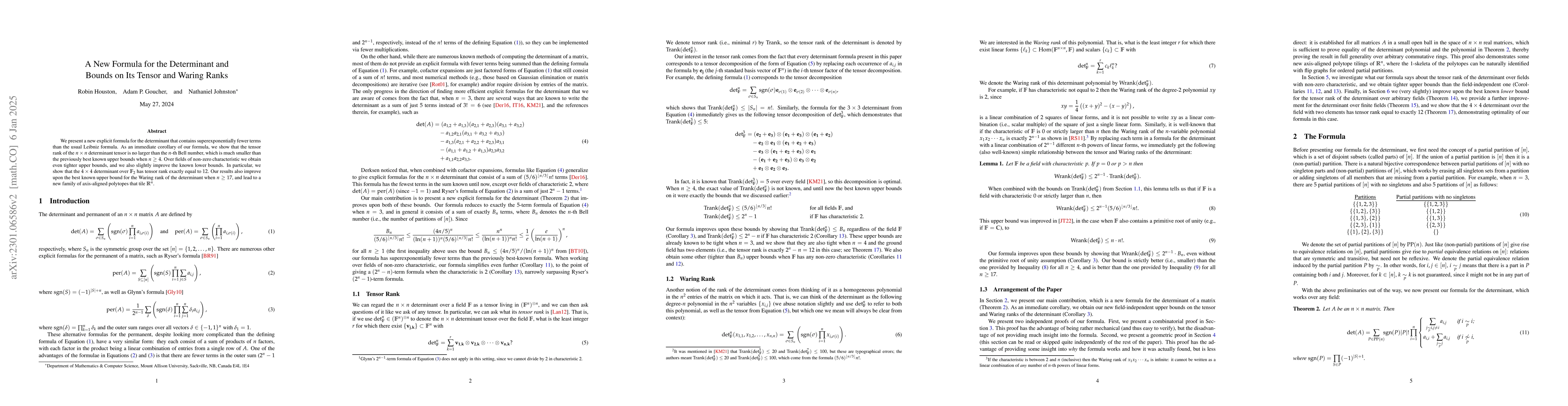 Thumbnail for A New Formula for the Determinant and Bounds on Its Tensor and Waring
  Ranks