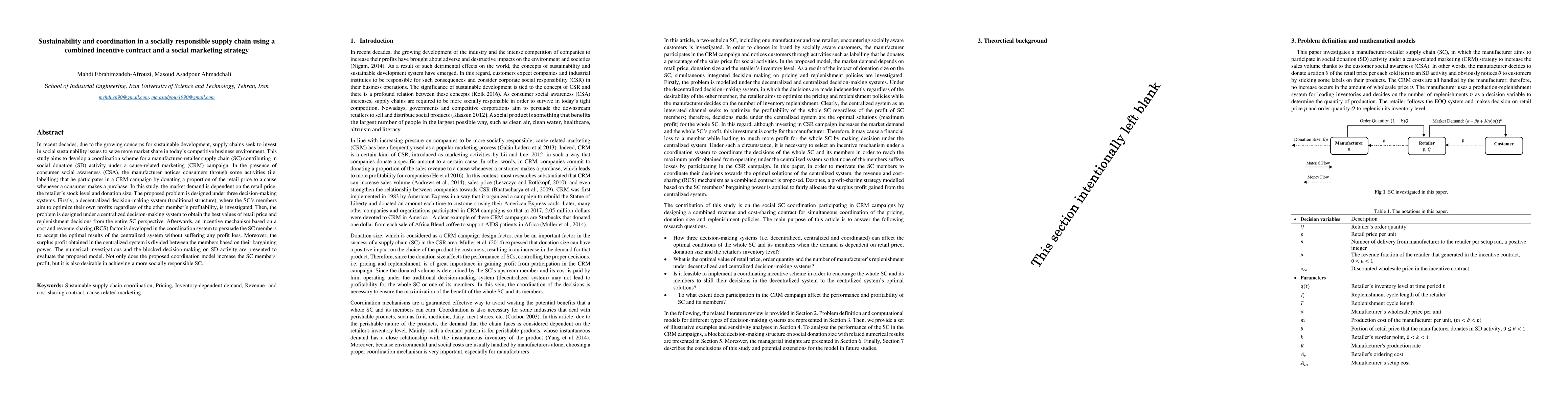 Thumbnail for Sustainability and coordination in a socially responsible supply chain
  using a combined incentive contract and a social marketing strategy