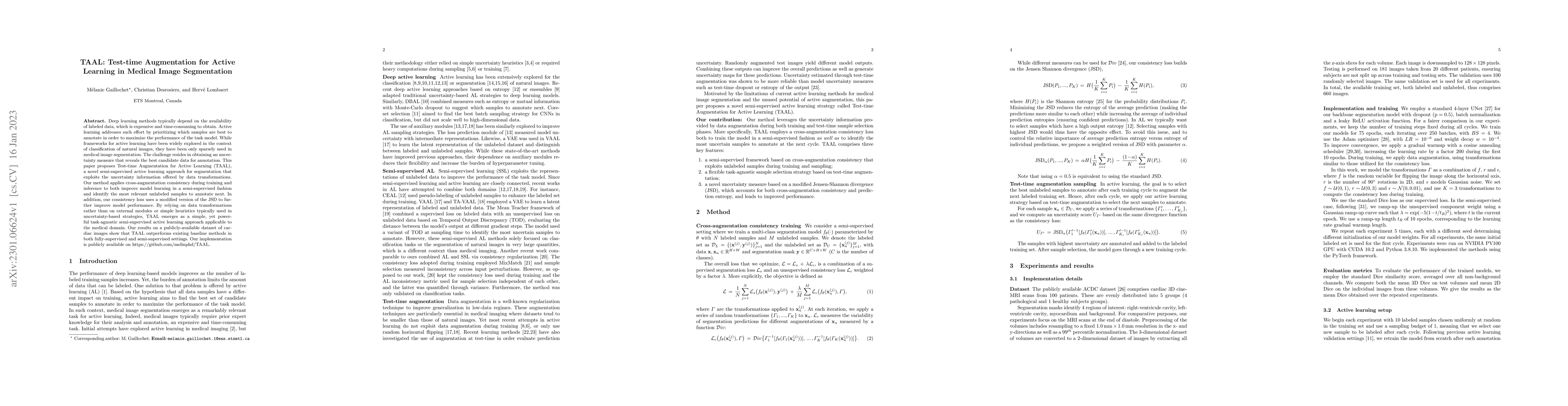 Thumbnail for TAAL: Test-time Augmentation for Active Learning in Medical Image
  Segmentation