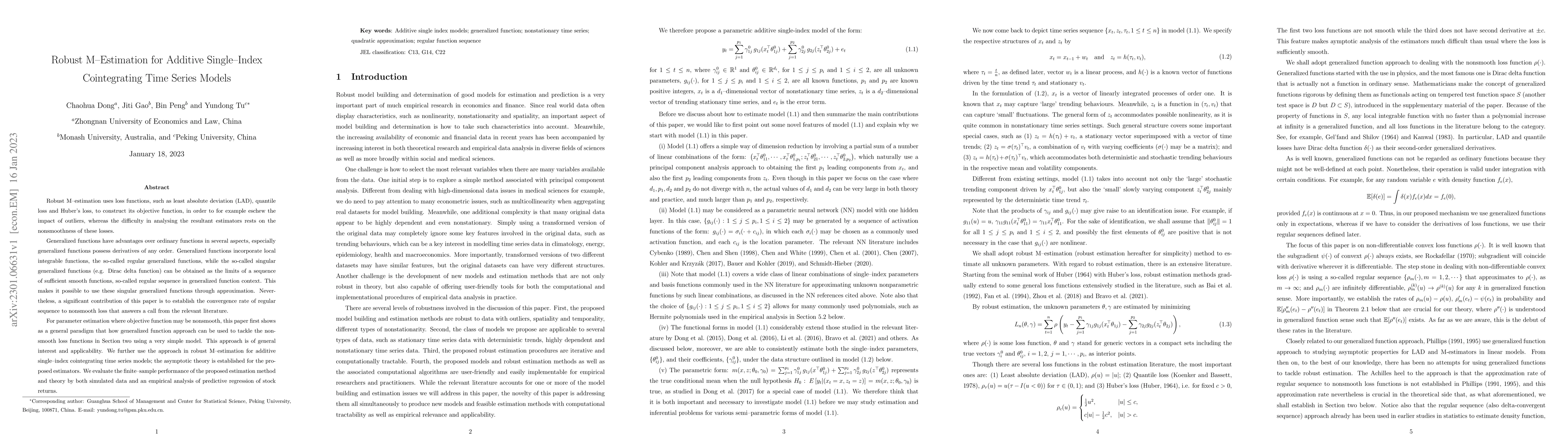 Thumbnail for Robust M-Estimation for Additive Single-Index Cointegrating Time Series
  Models