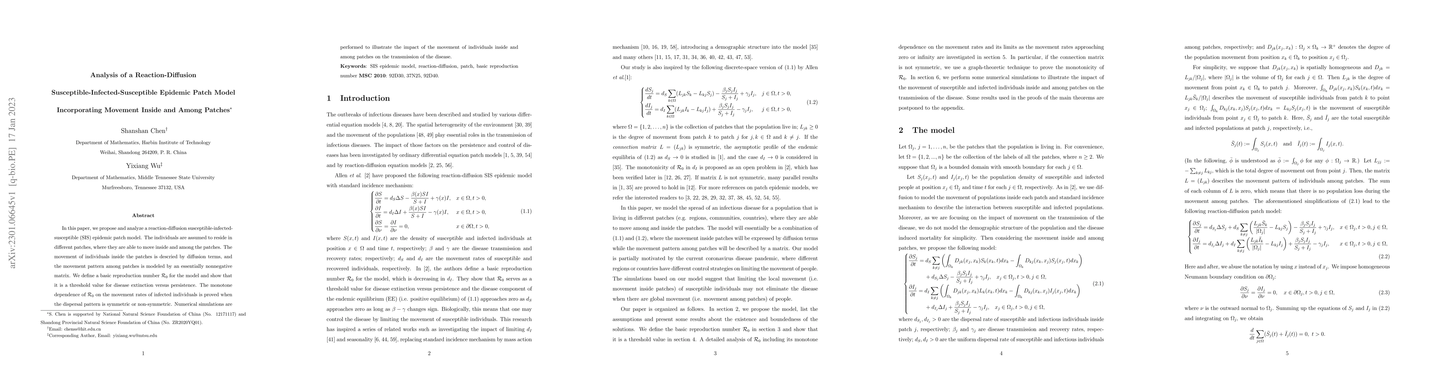 Thumbnail for Analysis of a Reaction-Diffusion Susceptible-Infected-Susceptible
  Epidemic Patch Model Incorporating Movement Inside and Among Patches