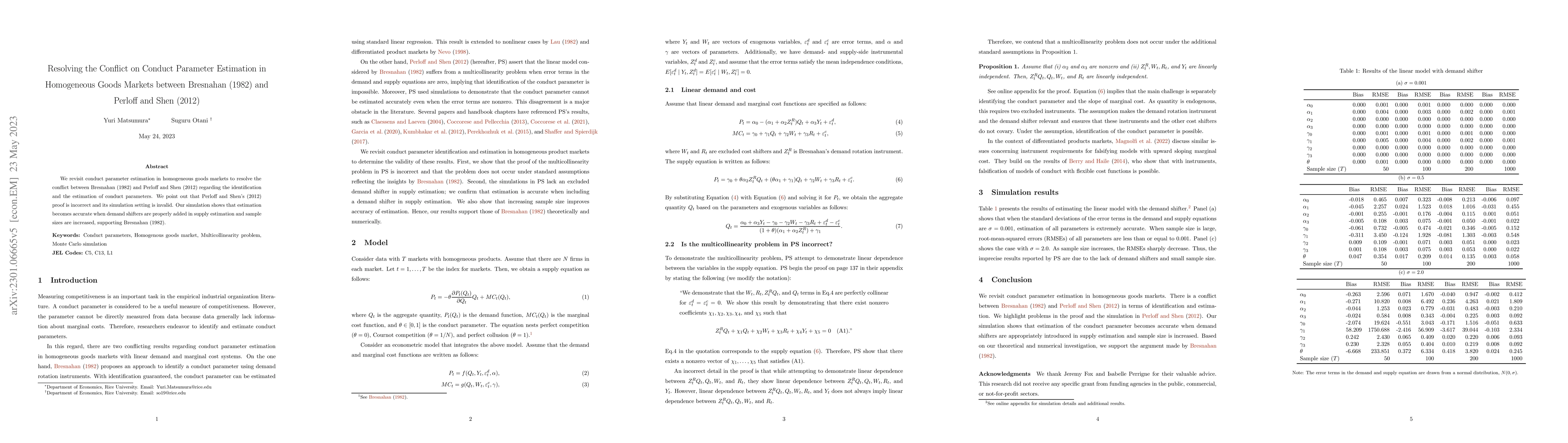 Thumbnail for Resolving the Conflict on Conduct Parameter Estimation in Homogeneous
  Goods Markets between Bresnahan (1982) and Perloff and Shen (2012)