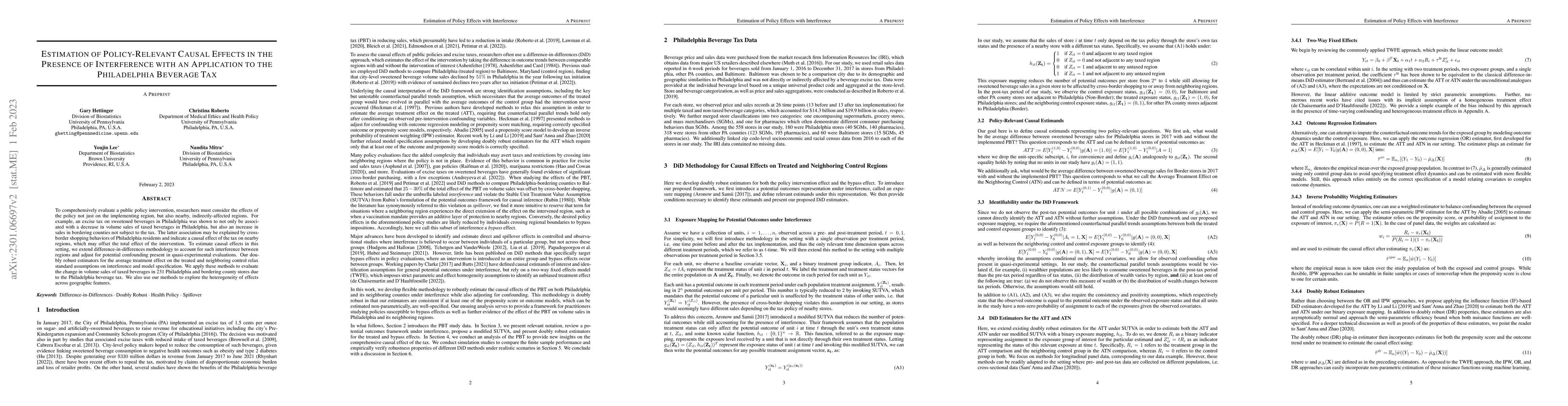 Thumbnail for Estimation of Policy-Relevant Causal Effects in the Presence of
  Interference with an Application to the Philadelphia Beverage Tax