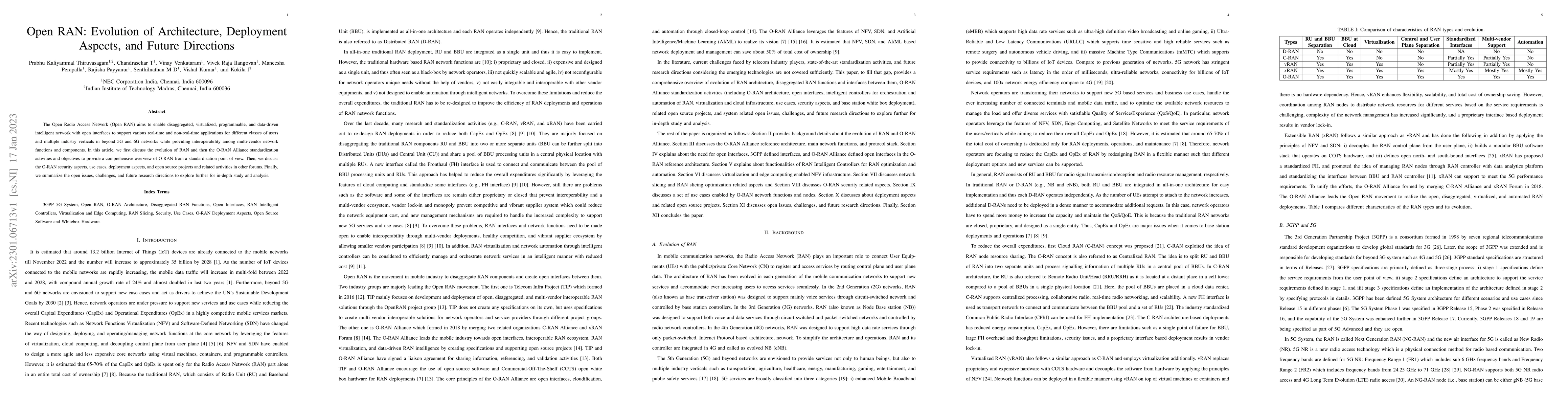Thumbnail for Open RAN: Evolution of Architecture, Deployment Aspects, and Future
  Directions