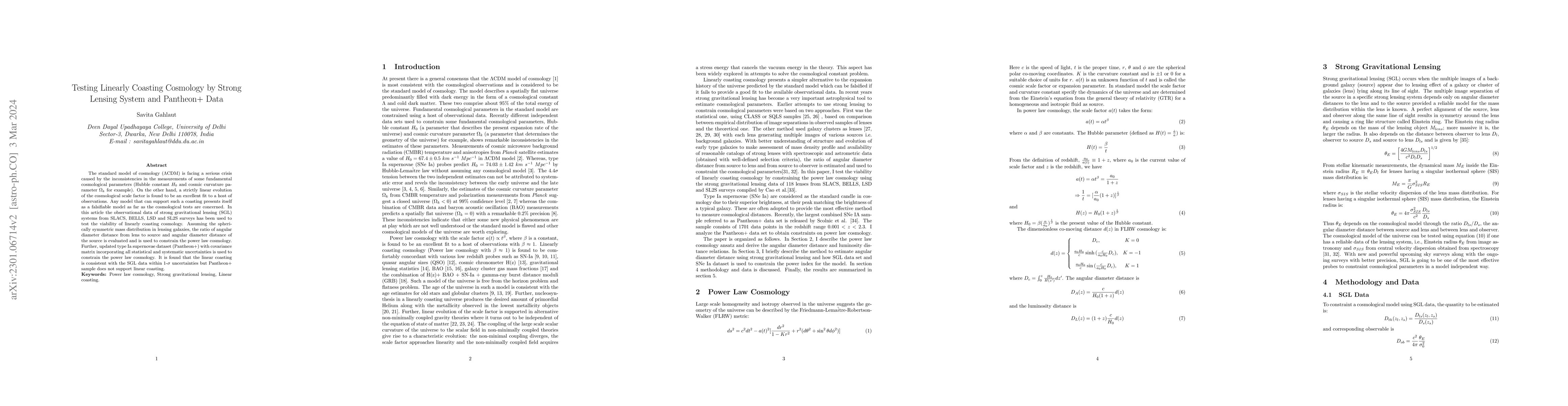 Thumbnail for Testing Linearly Coasting Cosmology by Strong Lensing System and
  Pantheon+ Data