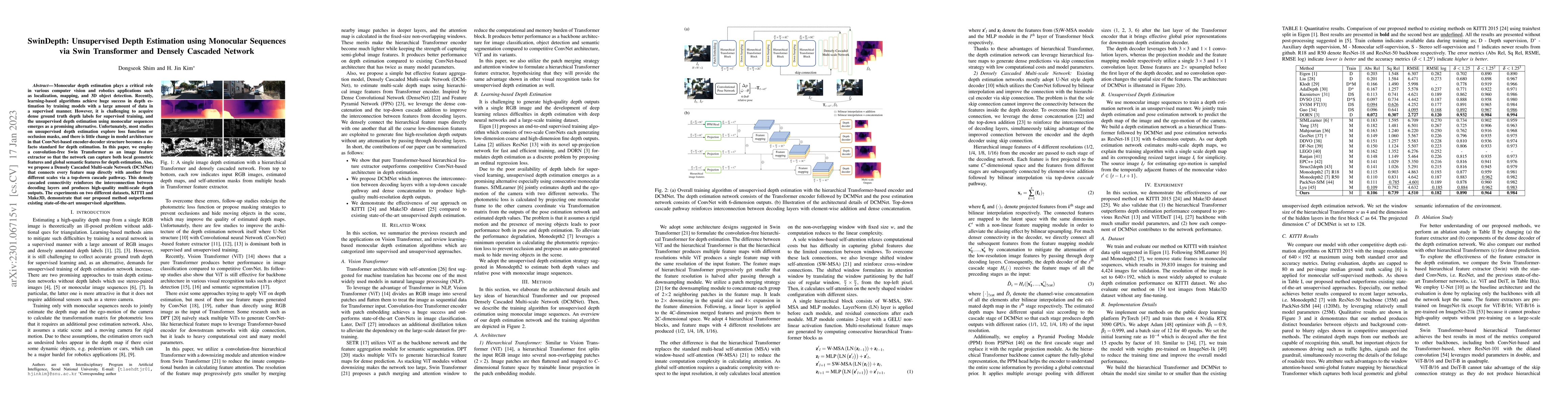 Thumbnail for SwinDepth: Unsupervised Depth Estimation using Monocular Sequences via
  Swin Transformer and Densely Cascaded Network