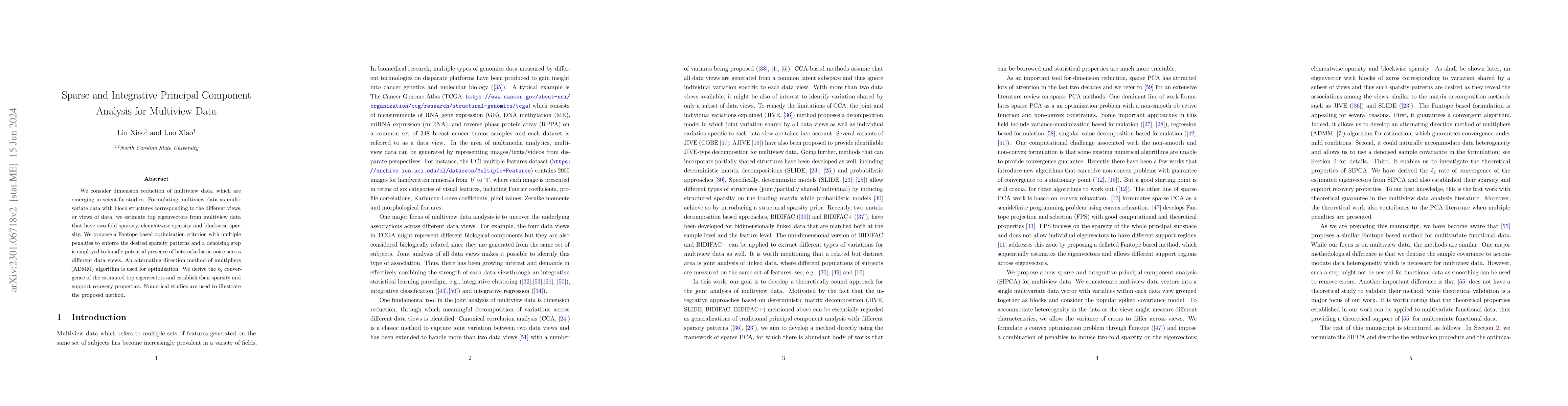 Thumbnail for Sparse and Integrative Principal Component Analysis for Multiview Data