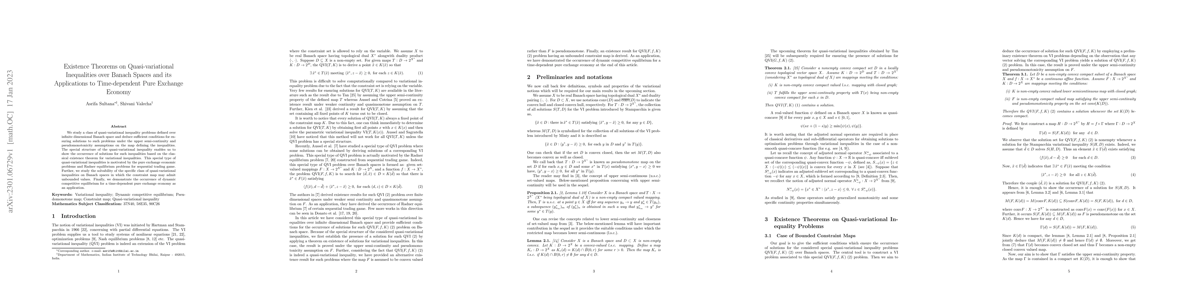 Thumbnail for Existence Theorems on Quasi-variational Inequalities over Banach Spaces
  and its Applications to Time-dependent Pure Exchange Economy