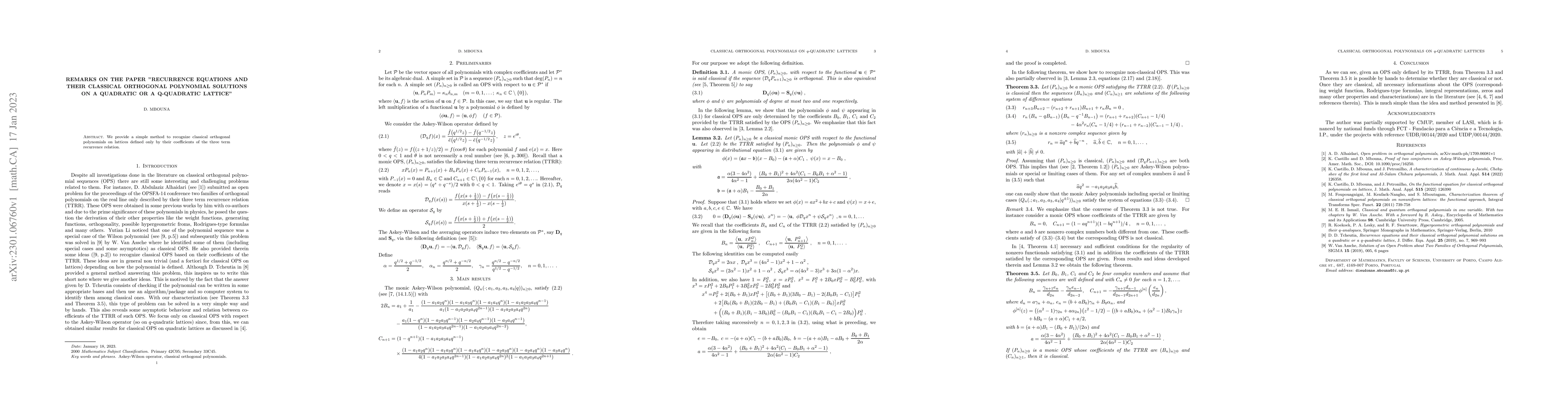 Thumbnail for Remarks on the paper "Recurrence equations and their classical
  orthogonal polynomial solutions on a quadratic or a q-quadratic lattice"