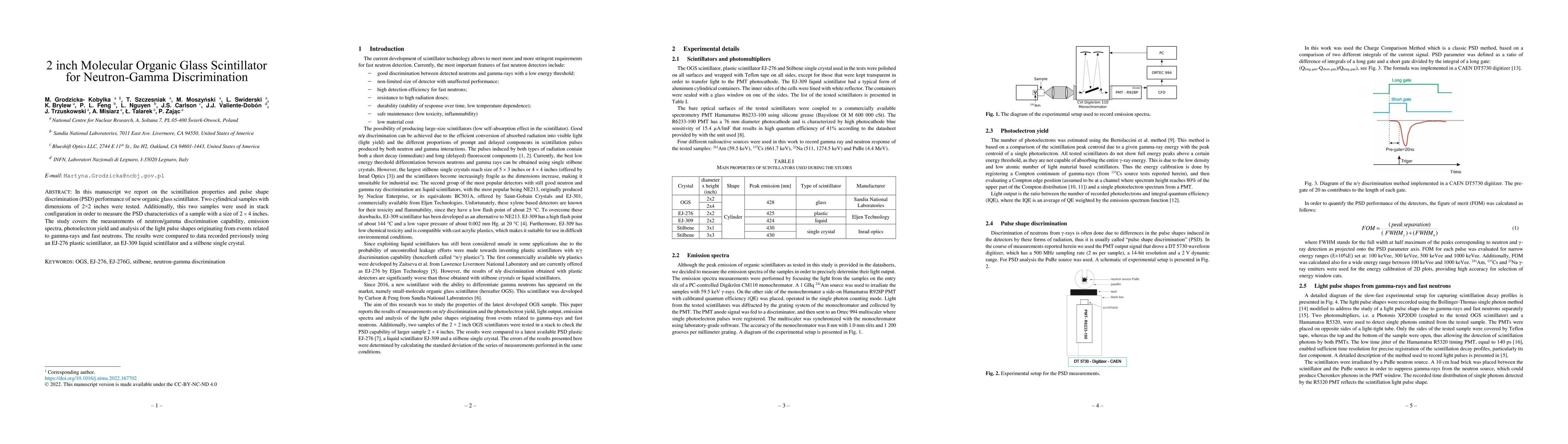 Thumbnail for 2 inch Molecular Organic Glass Scintillator for Neutron-Gamma
  Discrimination