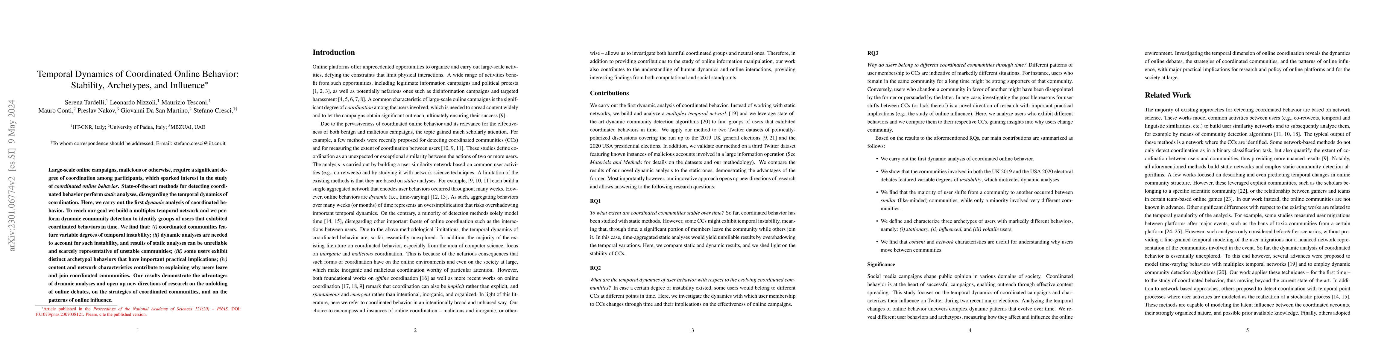 Thumbnail for Temporal Dynamics of Coordinated Online Behavior: Stability, Archetypes,
  and Influence
