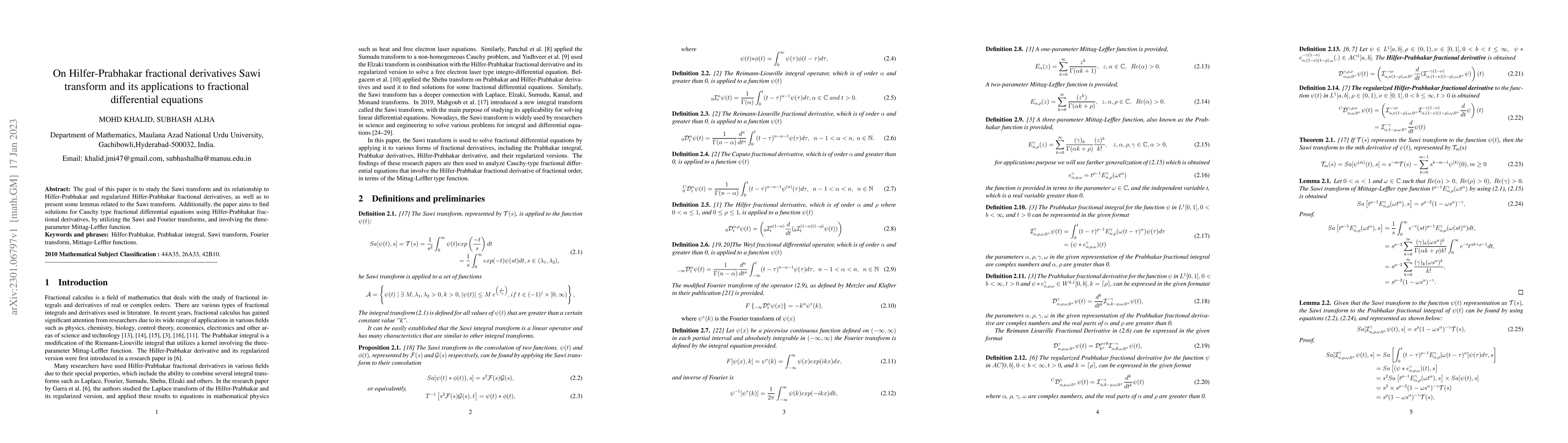 Thumbnail for On Hilfer-Prabhakar fractional derivatives Sawi transform and its
  applications to fractional differential equations