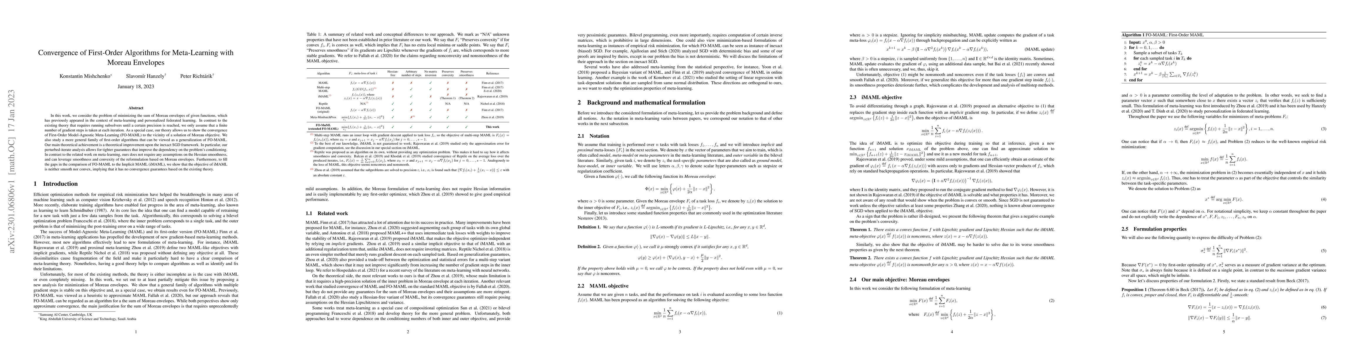Thumbnail for Convergence of First-Order Algorithms for Meta-Learning with Moreau
  Envelopes