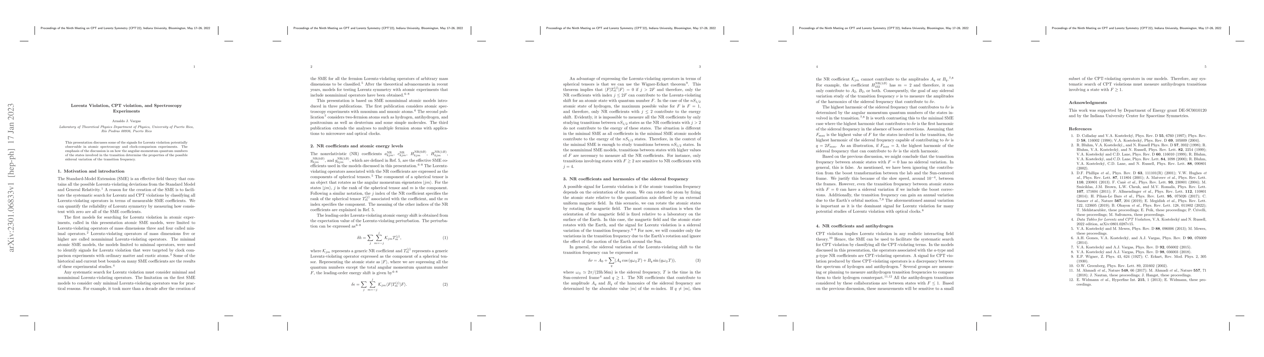 Thumbnail for Lorentz Violation, CPT violation, and Spectroscopy Experiments