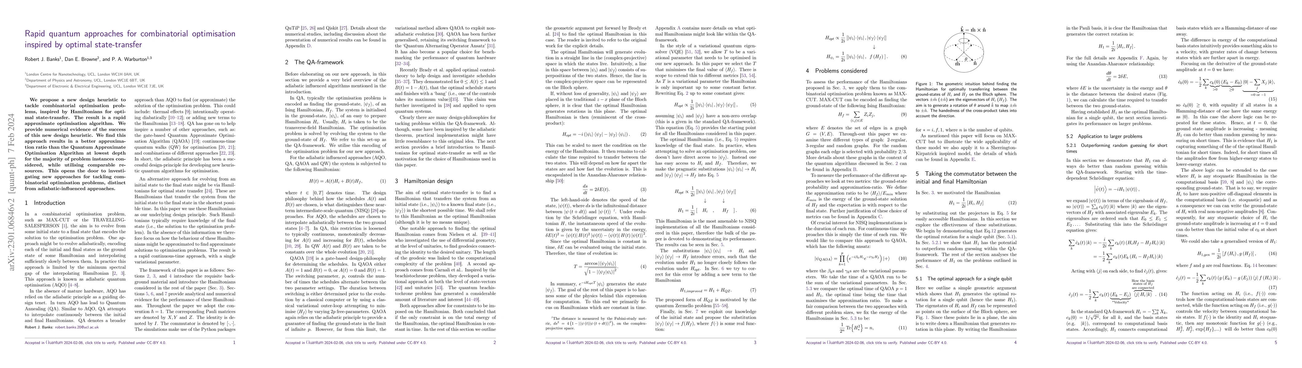 Thumbnail for Rapid quantum approaches for combinatorial optimisation inspired by
  optimal state-transfer