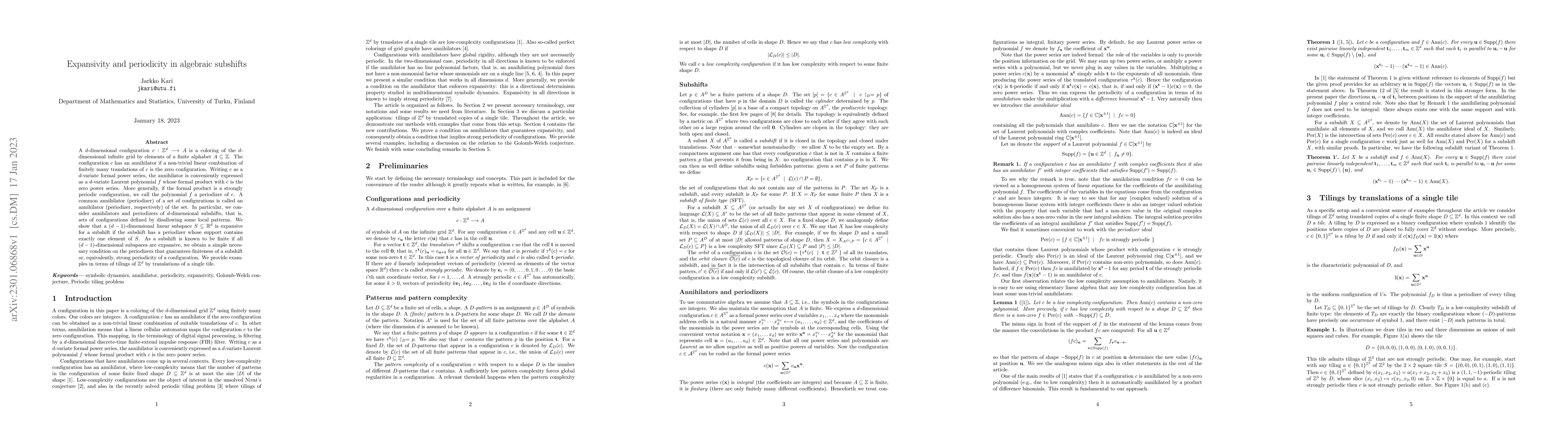 Thumbnail for Expansivity and periodicity in algebraic subshifts