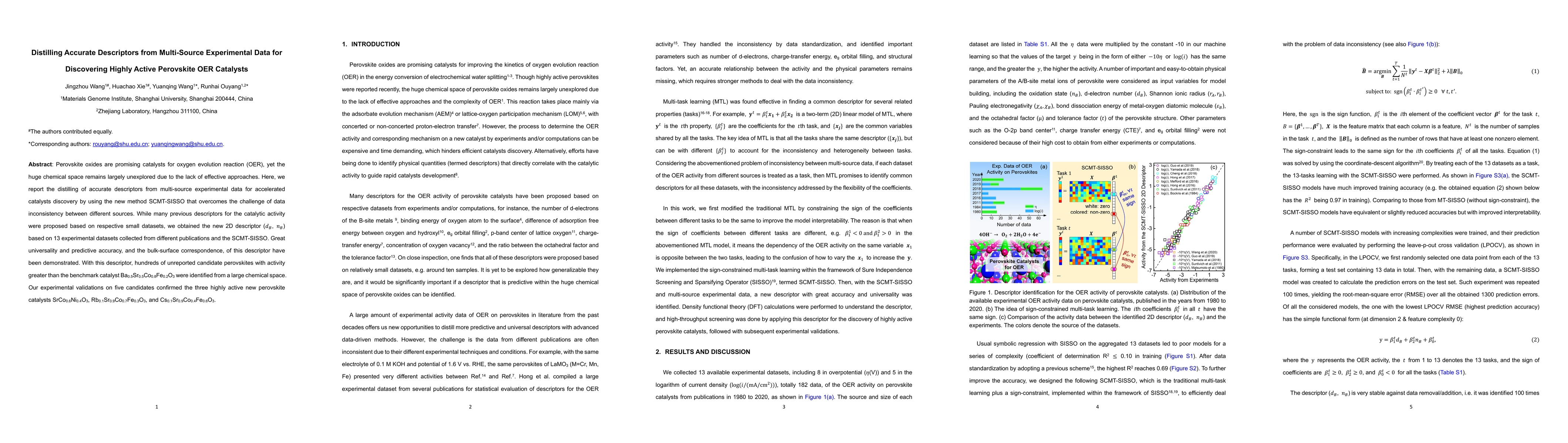 Thumbnail for Distilling Accurate Descriptors from Multi-Source Experimental Data for
  Discovering Highly Active Perovskite OER Catalysts