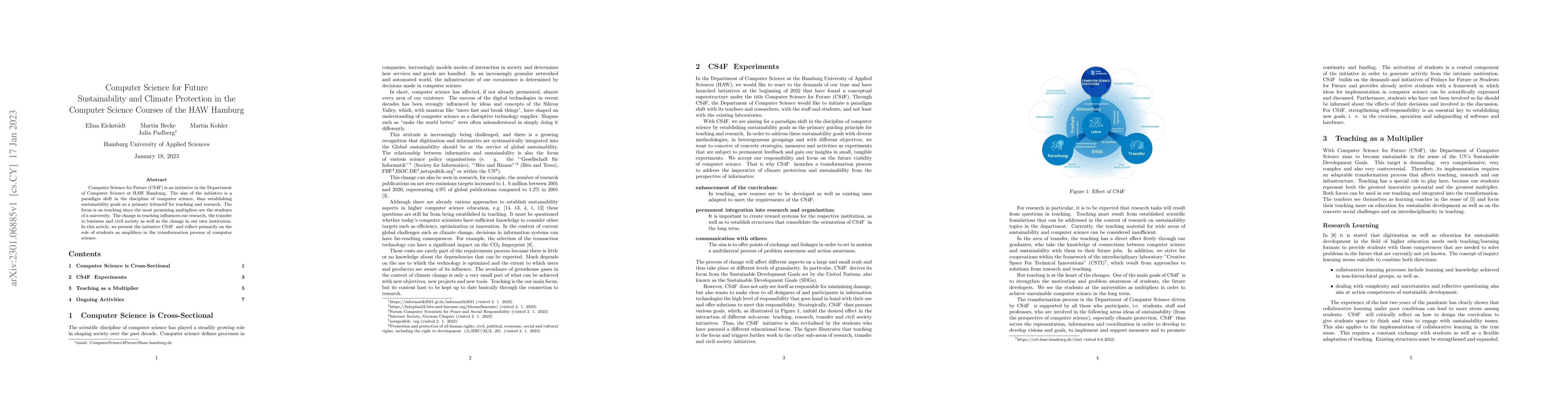 Thumbnail for Computer Science for Future -- Sustainability and Climate Protection in
  the Computer Science Courses of the HAW Hamburg