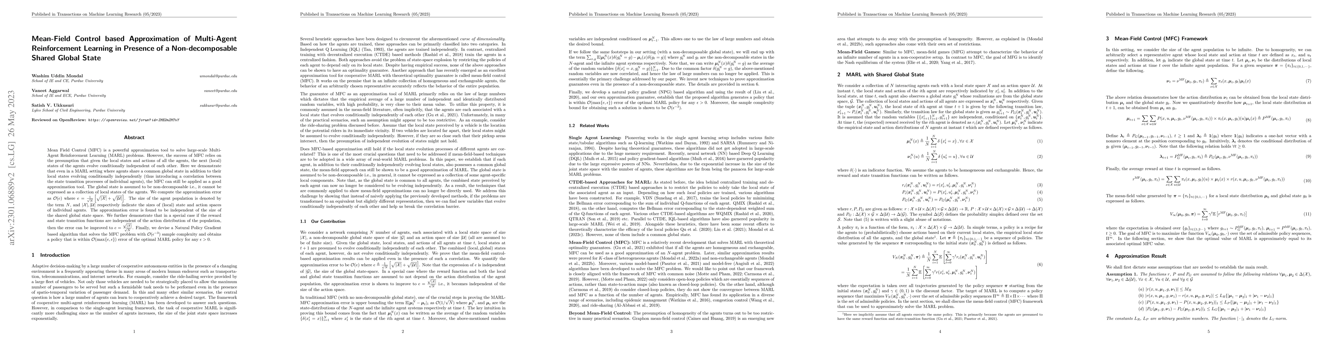 Thumbnail for Mean-Field Control based Approximation of Multi-Agent Reinforcement
  Learning in Presence of a Non-decomposable Shared Global State