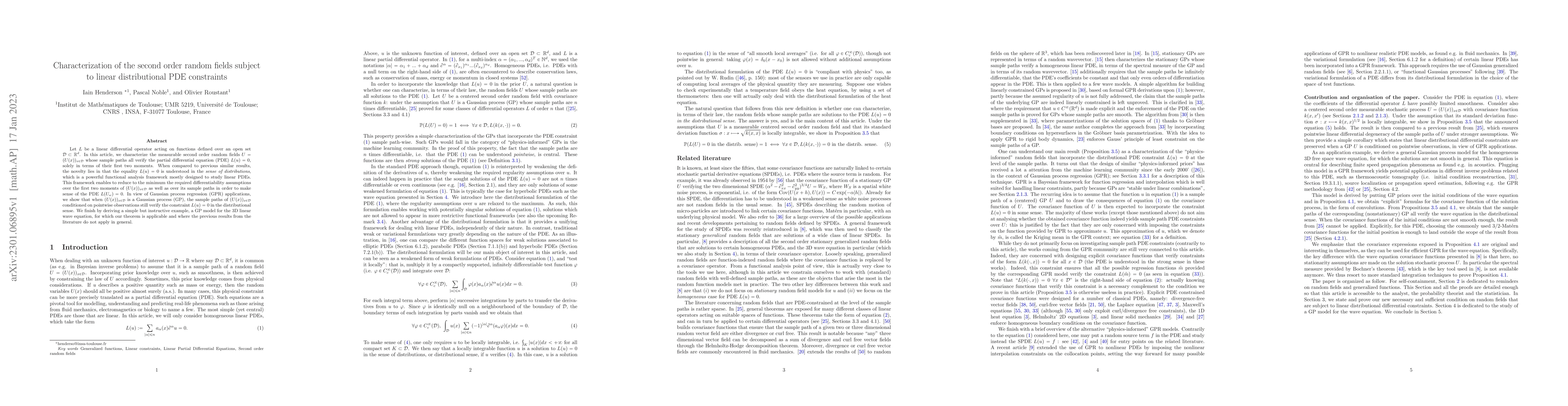 Thumbnail for Characterization of the second order random fields subject to linear
  distributional PDE constraints
