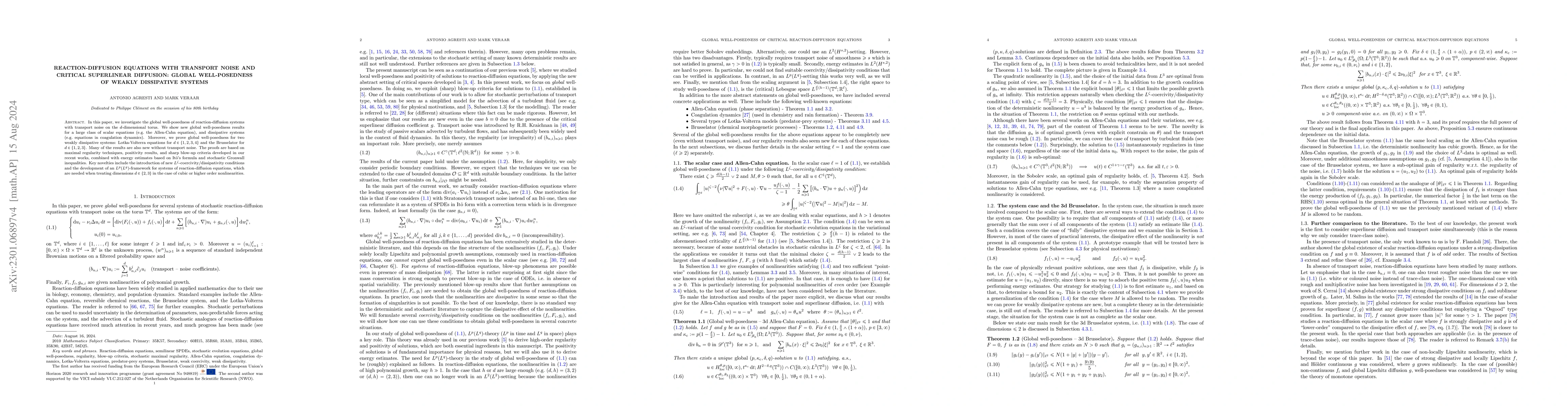 Thumbnail for Reaction-diffusion equations with transport noise and critical
  superlinear diffusion: Global well-posedness of weakly dissipative systems