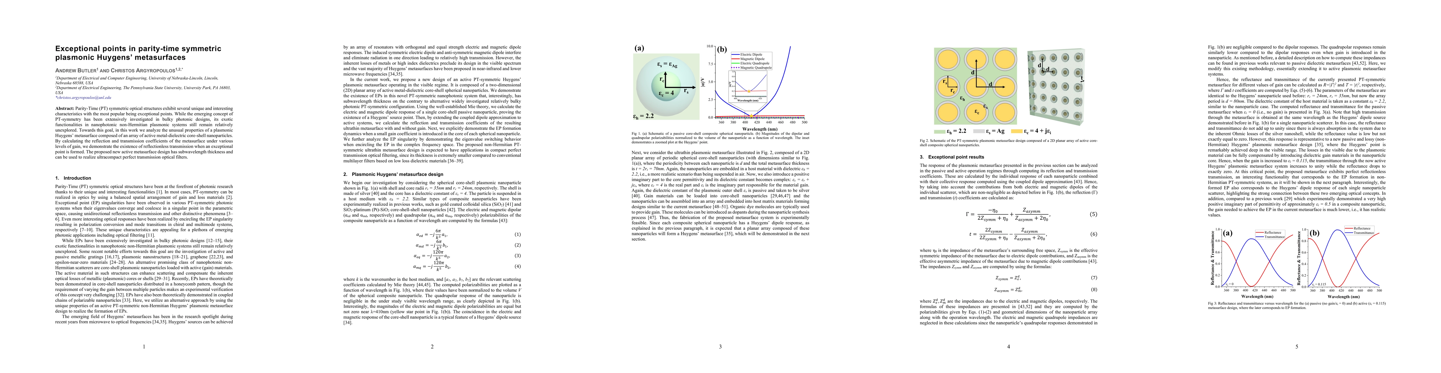 Thumbnail for Exceptional points in parity-time symmetric plasmonic Huygens
  metasurfaces