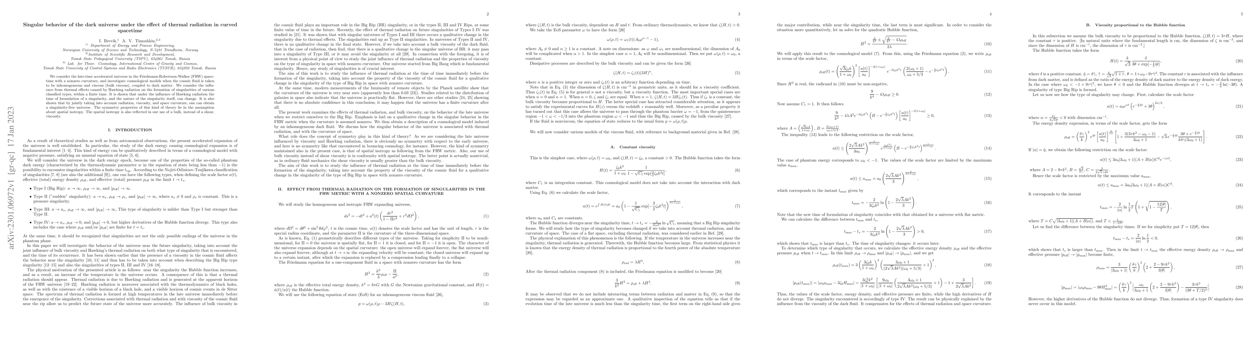 Thumbnail for Singular behavior of the dark universe under the effect of thermal
  radiation in curved spacetime