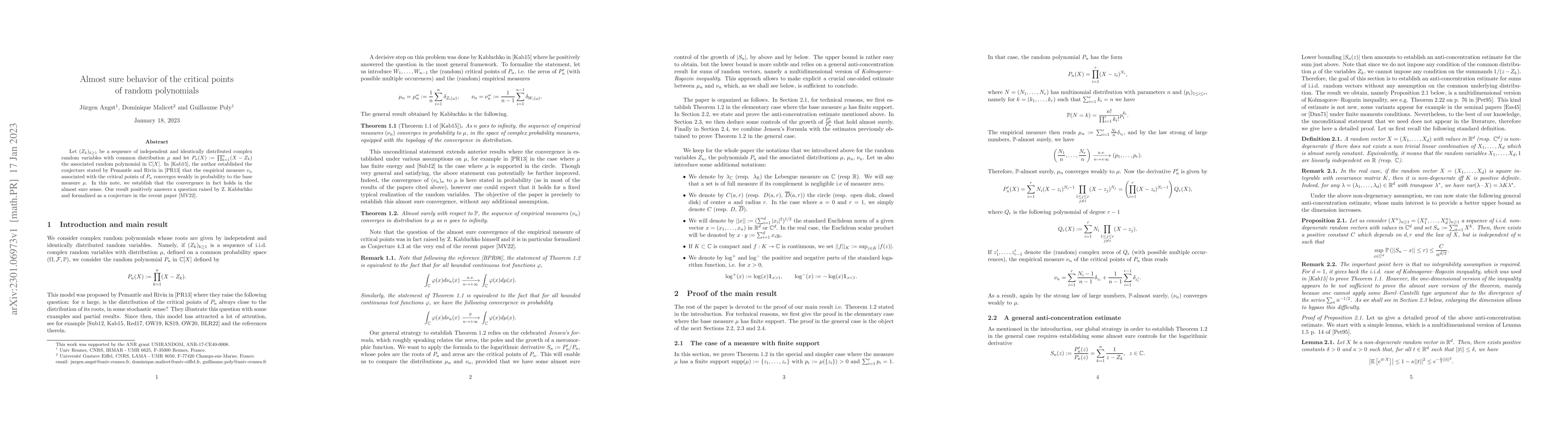 Thumbnail for Almost sure behavior of the critical points of random polynomials