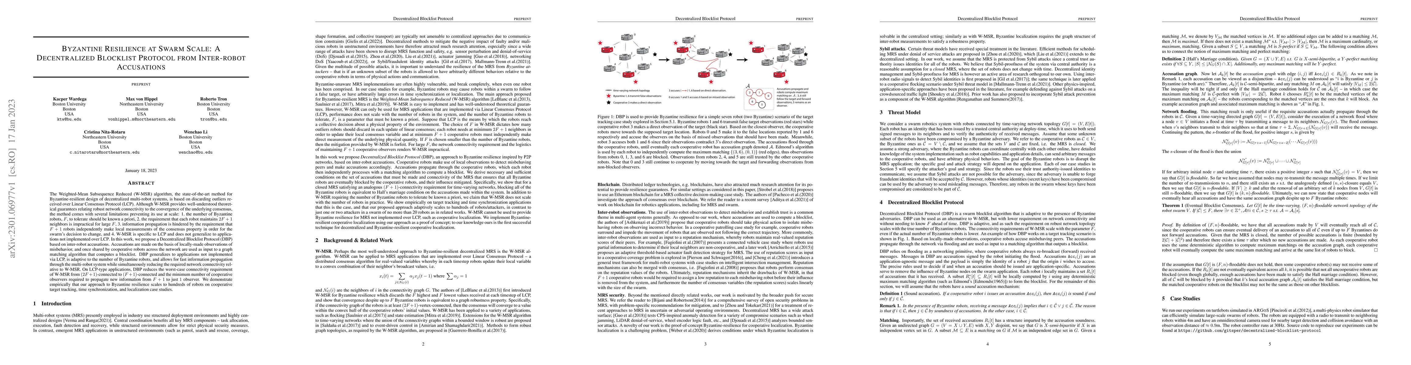 Thumbnail for Byzantine Resilience at Swarm Scale: A Decentralized Blocklist Protocol
  from Inter-robot Accusations