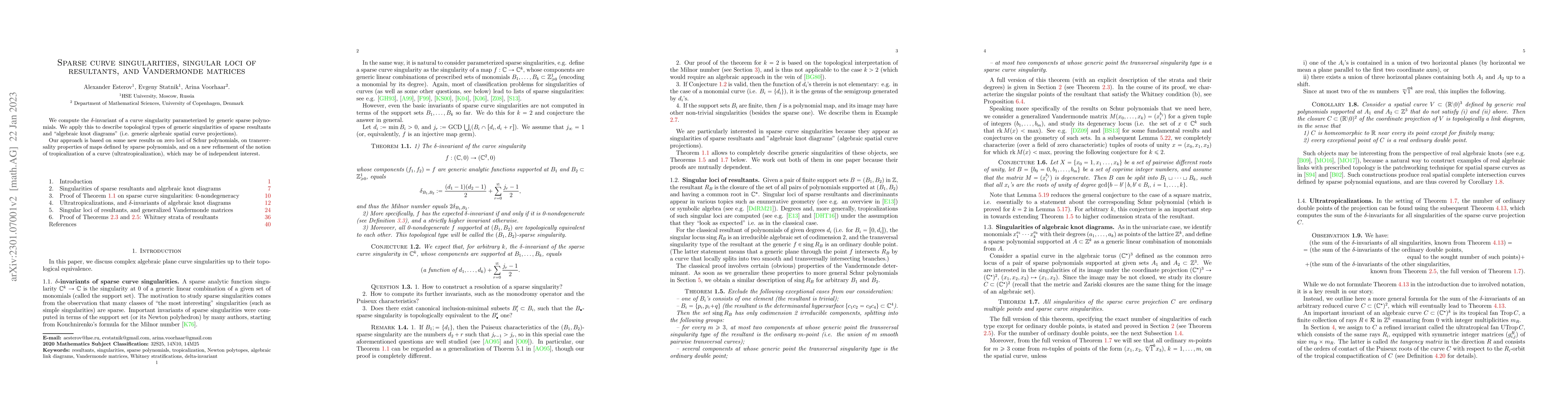 Thumbnail for Sparse curve singularities, singular loci of resultants, and Vandermonde
  matrices
