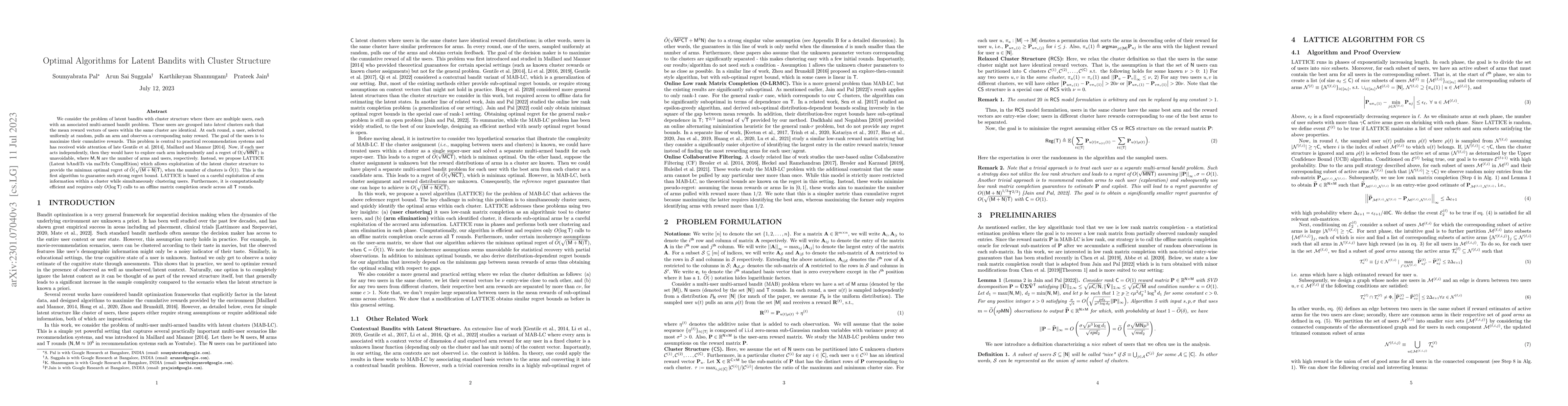 Thumbnail for Optimal Algorithms for Latent Bandits with Cluster Structure