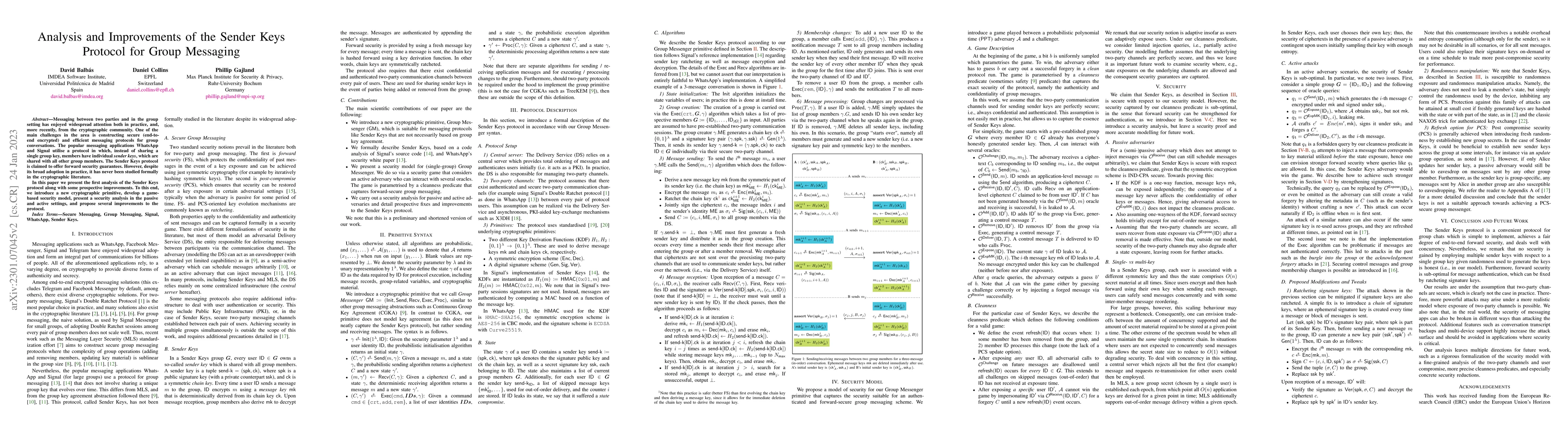 Thumbnail for Analysis and Improvements of the Sender Keys Protocol for Group
  Messaging