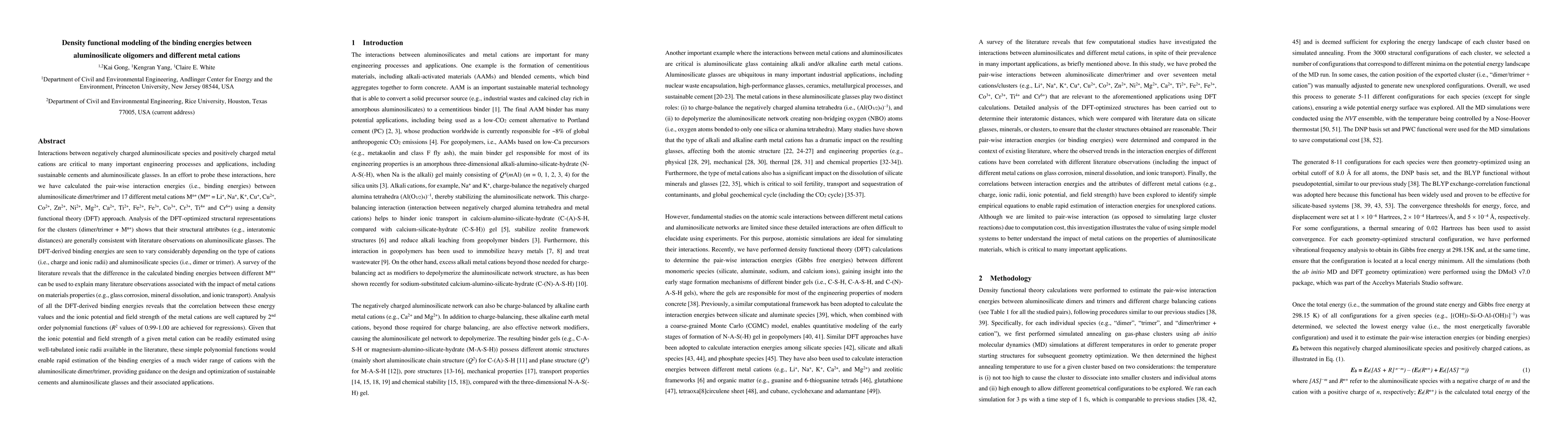Thumbnail for Density functional modeling of the binding energies between
  aluminosilicate oligomers and different metal cations