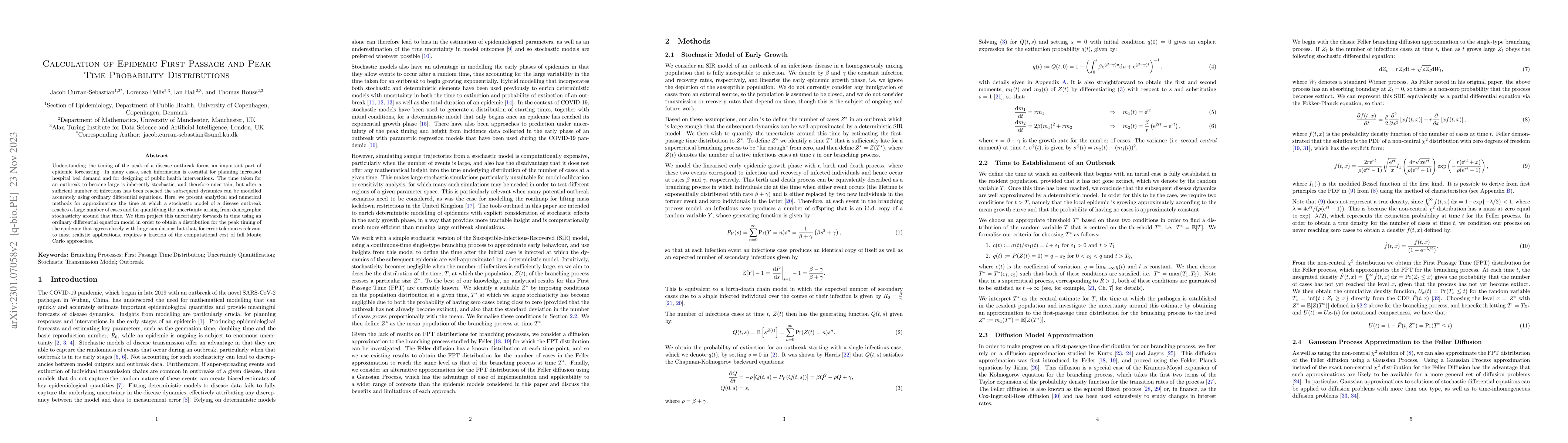 Thumbnail for Calculation of Epidemic First Passage and Peak Time Probability
  Distributions