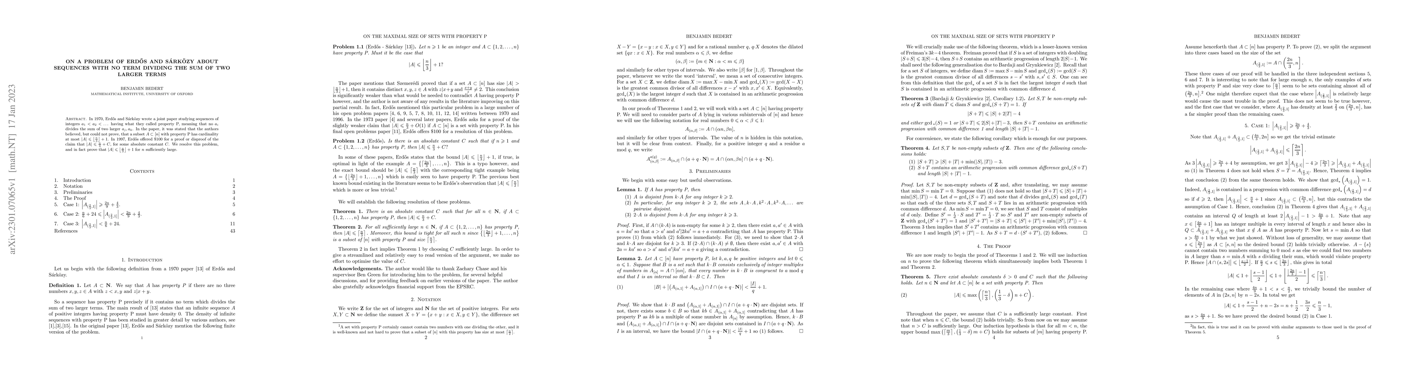Thumbnail for On a problem of Erd\H{o}s and S\'ark\"ozy about sequences with no term
  dividing the sum of two larger terms