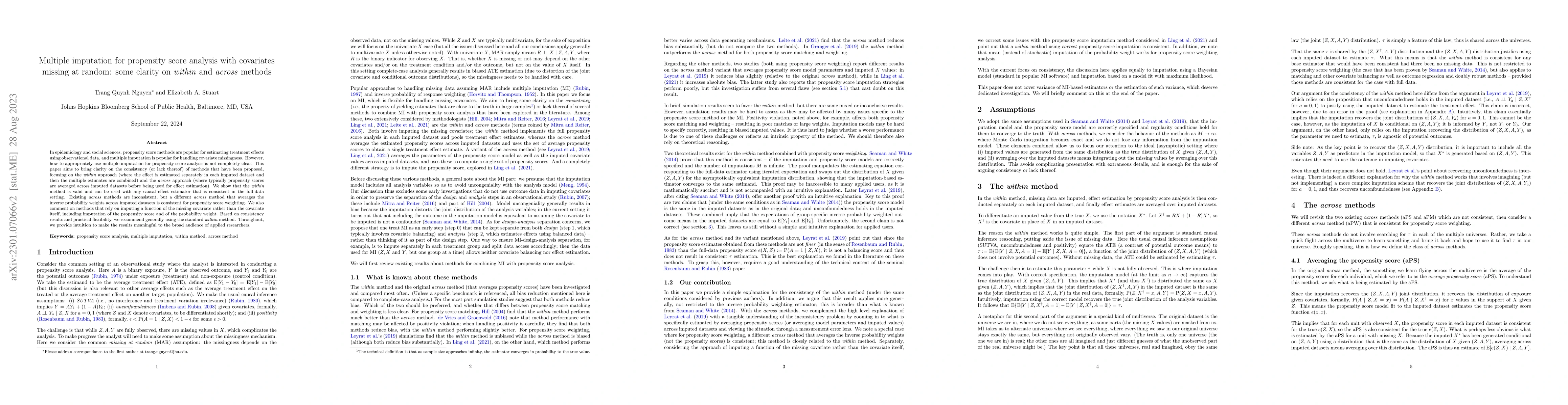 Thumbnail for Multiple imputation for propensity score analysis with covariates
  missing at random: some clarity on within and across methods