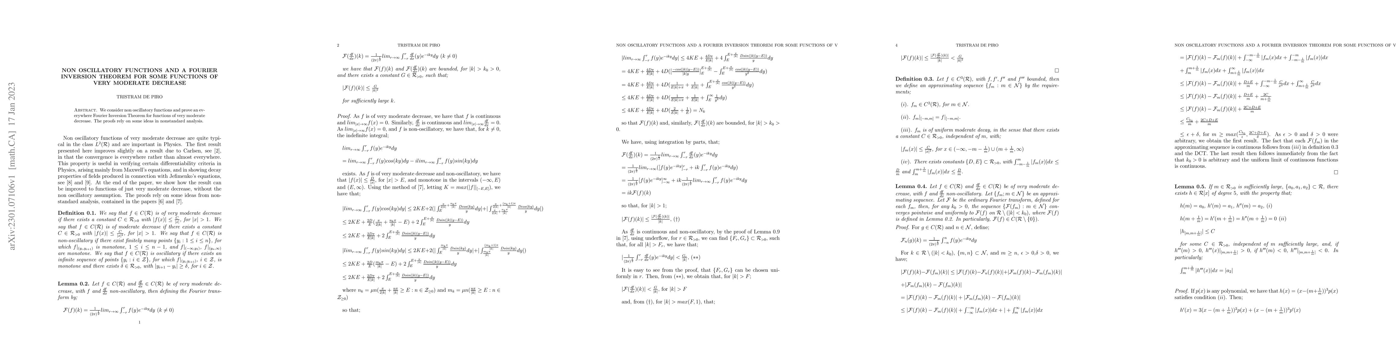 Thumbnail for Non Oscillatory Functions and A Fourier Inversion Theorem for Some
  Functions of Very Moderate Decrease