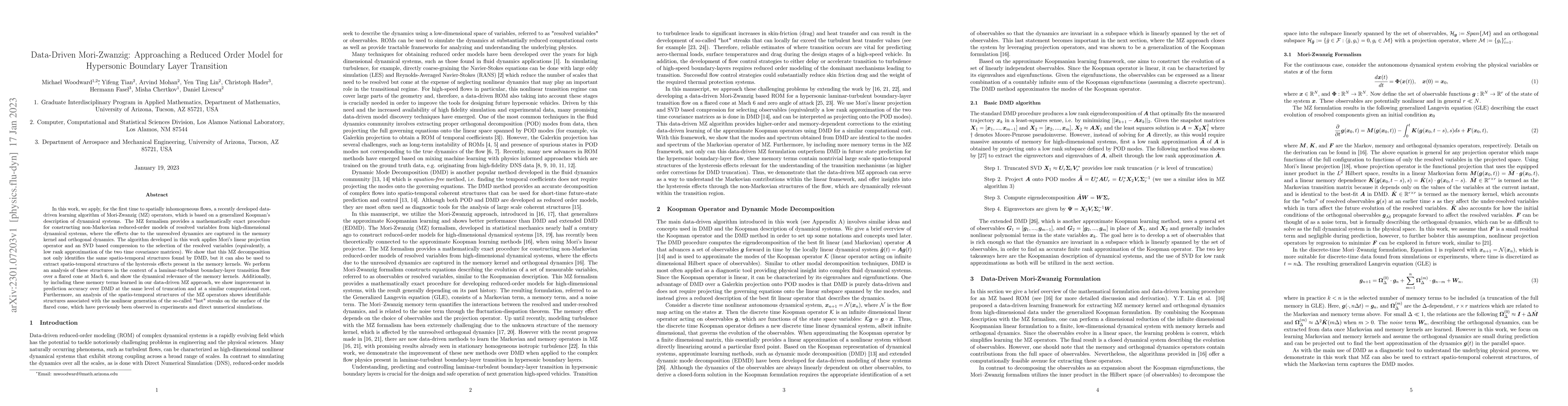 Thumbnail for Data-Driven Mori-Zwanzig: Approaching a Reduced Order Model for
  Hypersonic Boundary Layer Transition