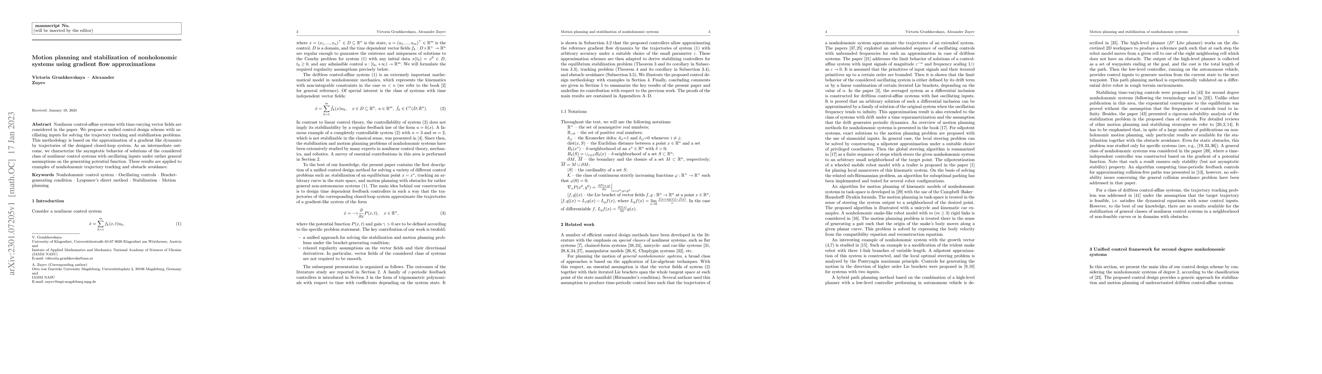 Thumbnail for Motion planning and stabilization of nonholonomic systems using gradient
  flow approximations