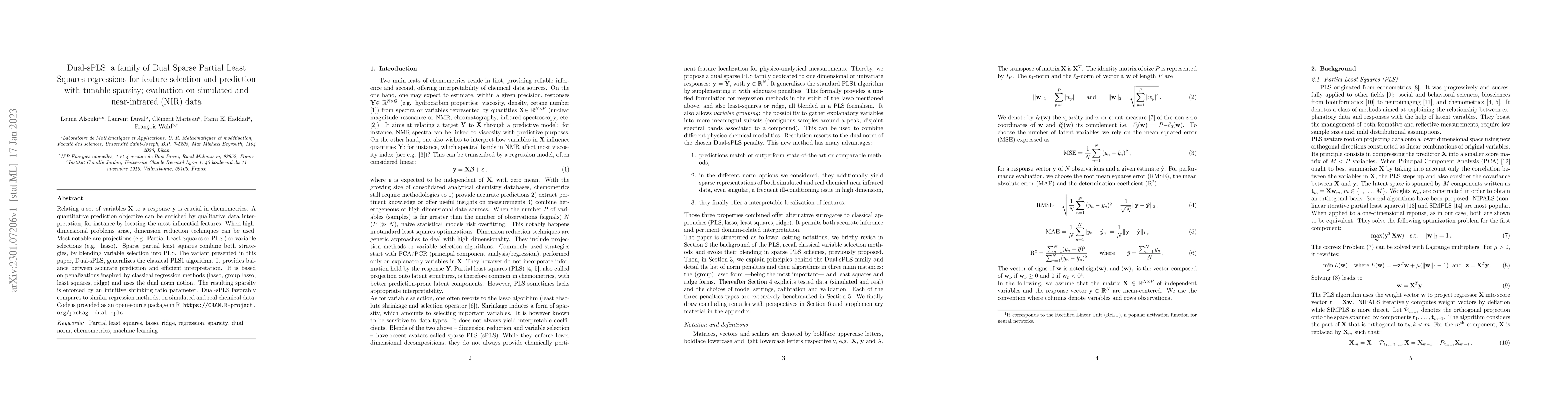Thumbnail for Dual-sPLS: a family of Dual Sparse Partial Least Squares regressions for
  feature selection and prediction with tunable sparsity; evaluation on
  simulated and near-infrared (NIR) data