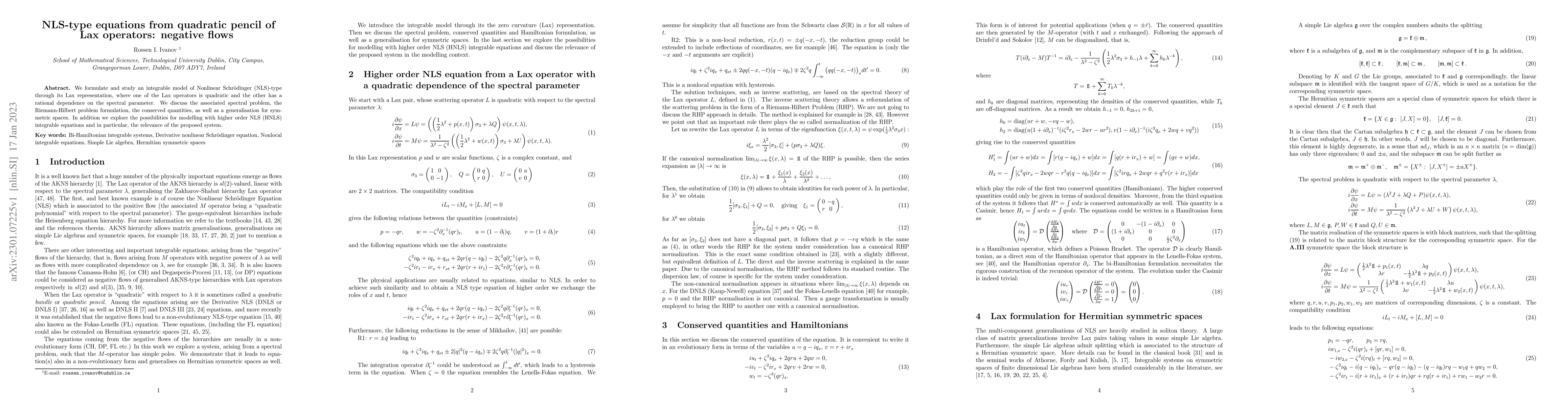 Thumbnail for NLS-type equations from quadratic pencil of Lax operators: negative
  flows