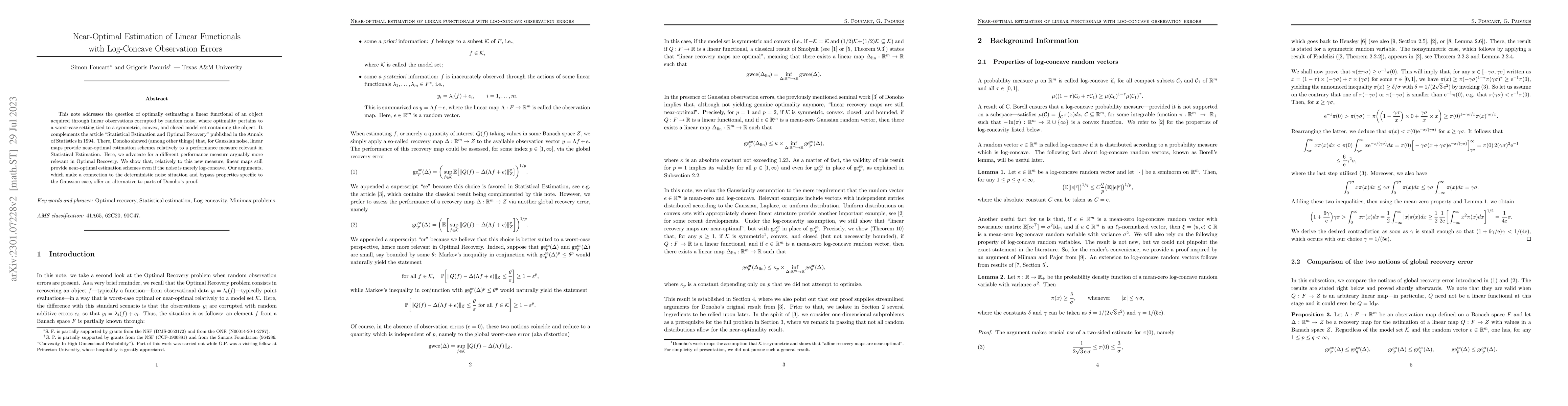 Thumbnail for Near-Optimal Estimation of Linear Functionals with Log-Concave
  Observation Errors