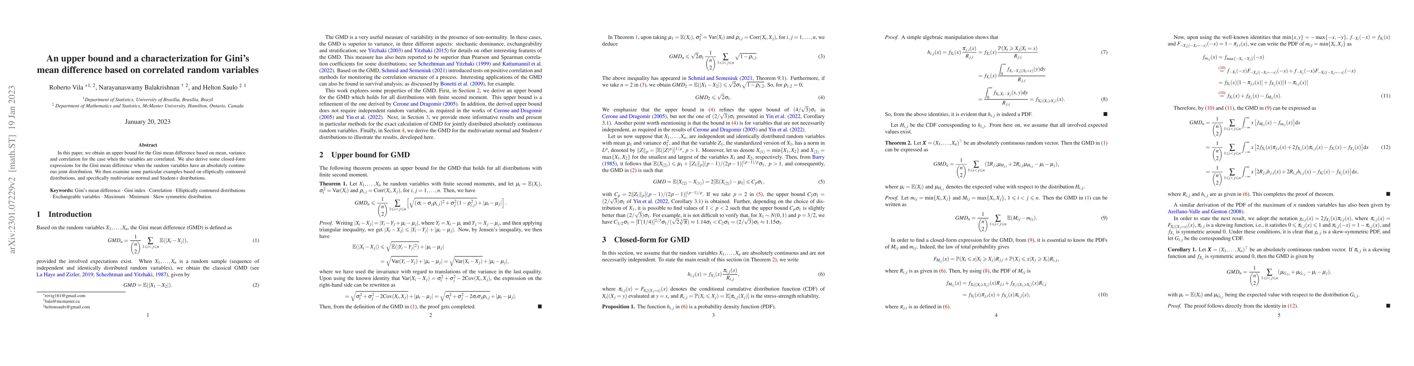 Thumbnail for An upper bound and a characterization for Gini's mean difference based
  on correlated random variables