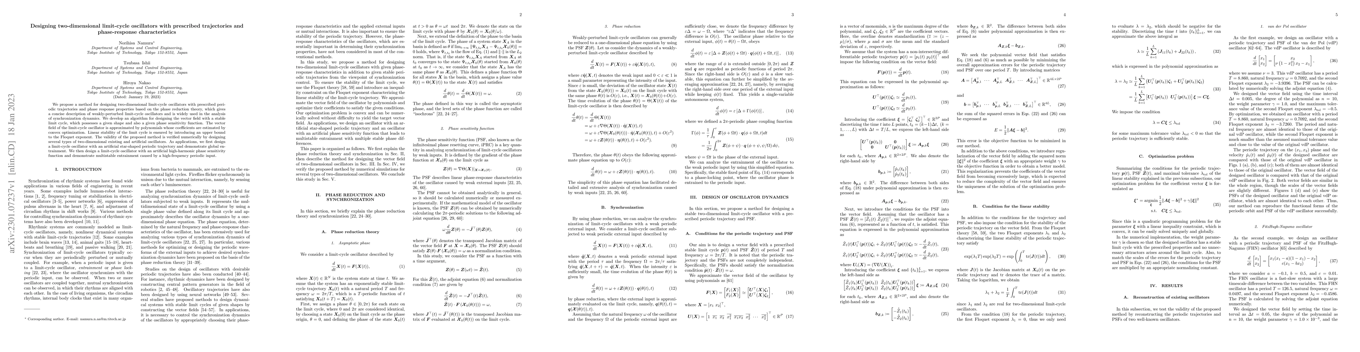 Thumbnail for Designing two-dimensional limit-cycle oscillators with prescribed
  trajectories and phase-response characteristics