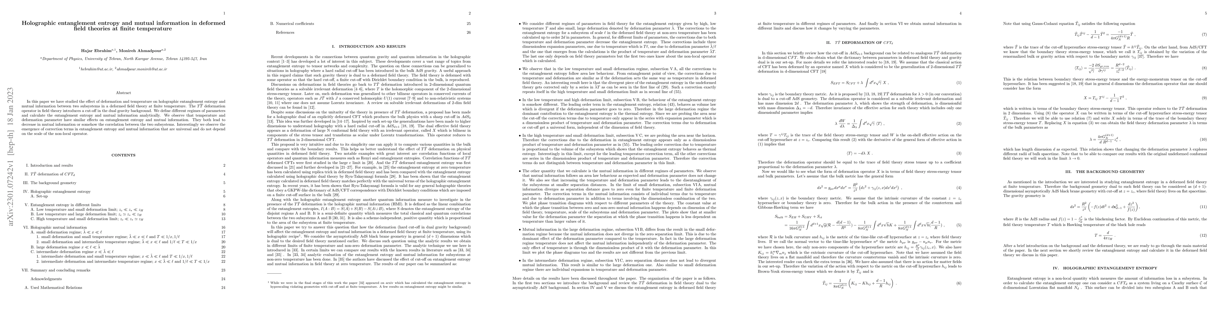 Thumbnail for Holographic entanglement entropy and mutual information in deformed
  field theories at finite temperature
