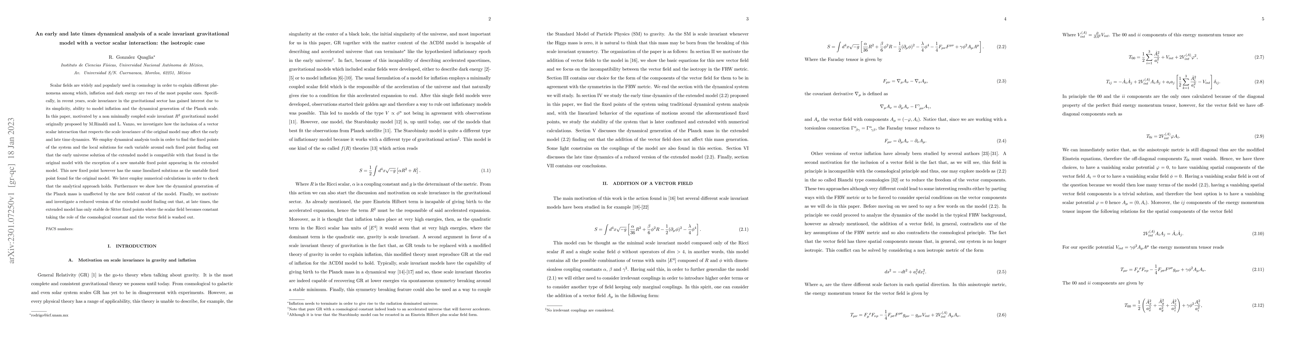 Thumbnail for An early and late times dynamical analysis of a scale invariant
  gravitational model with a vector scalar interaction: the isotropic case