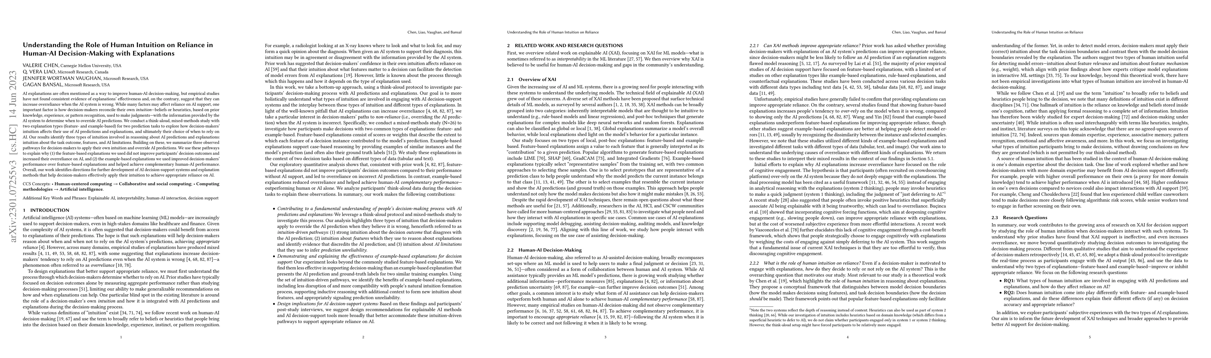 Thumbnail for Understanding the Role of Human Intuition on Reliance in Human-AI
  Decision-Making with Explanations