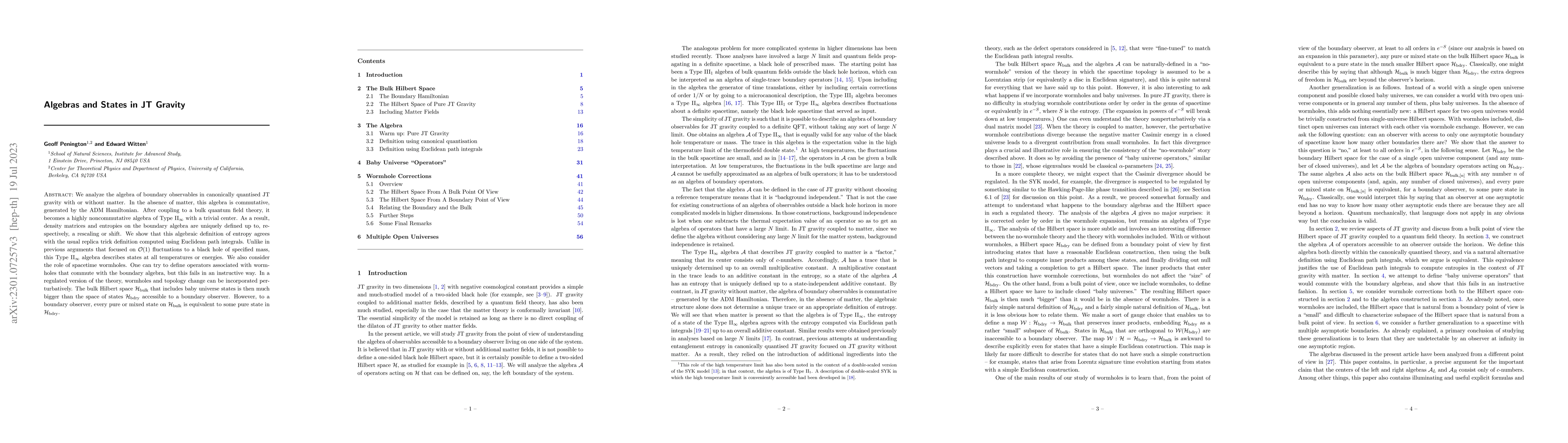 Thumbnail for Algebras and States in JT Gravity