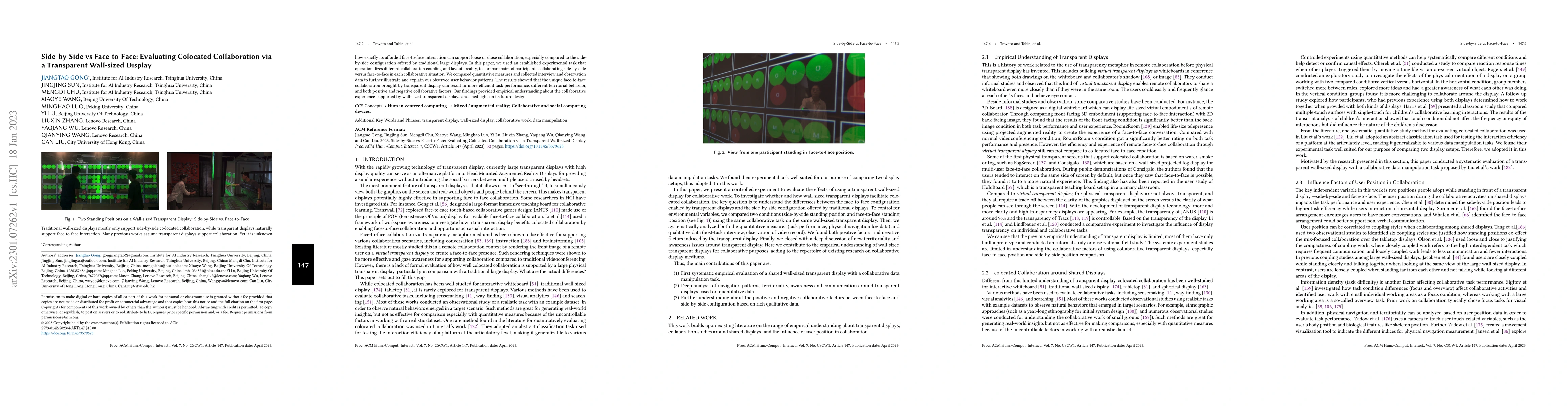 Thumbnail for Side-by-Side vs Face-to-Face: Evaluating Colocated Collaboration via a
  Transparent Wall-sized Display
