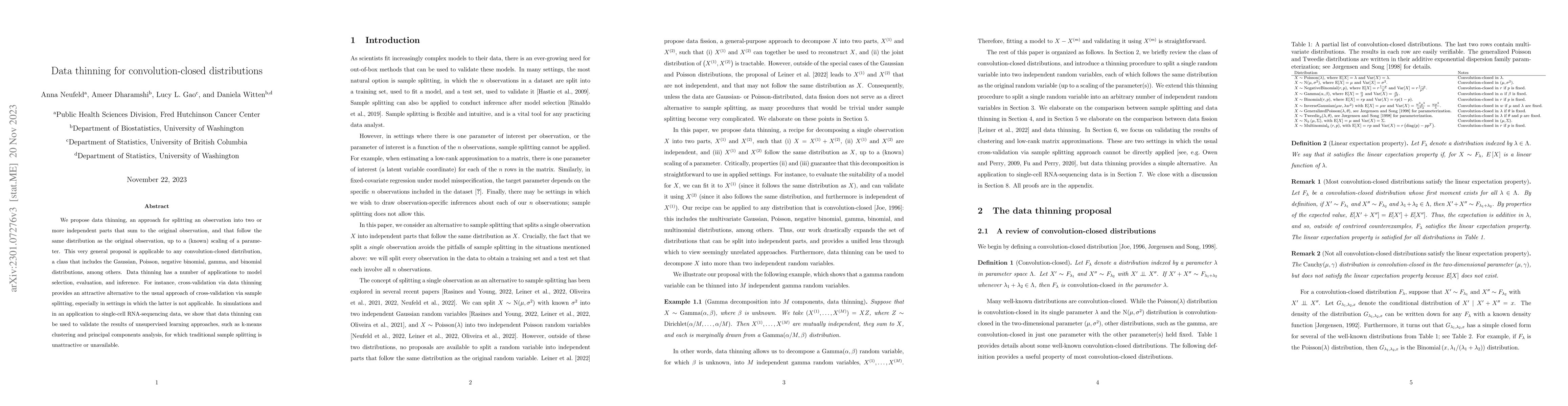 Thumbnail for Data thinning for convolution-closed distributions